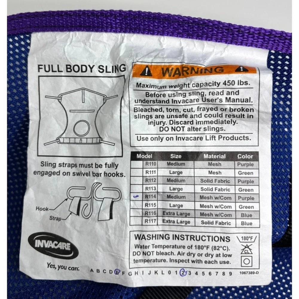 Invacare R114 Full Body Sling Commode Opening Patient Lift Medium Blue Purple